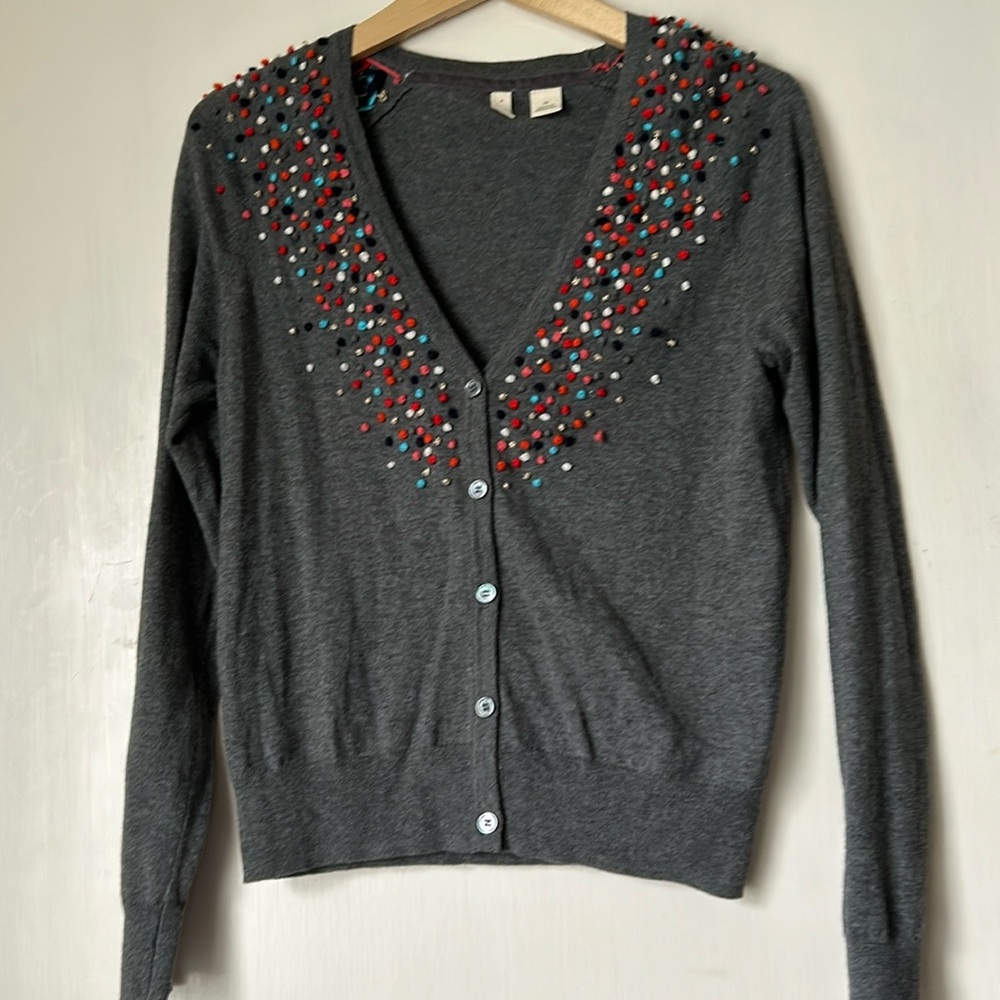 Anthropologie Cardigan gray with Pom Poms by Moth
